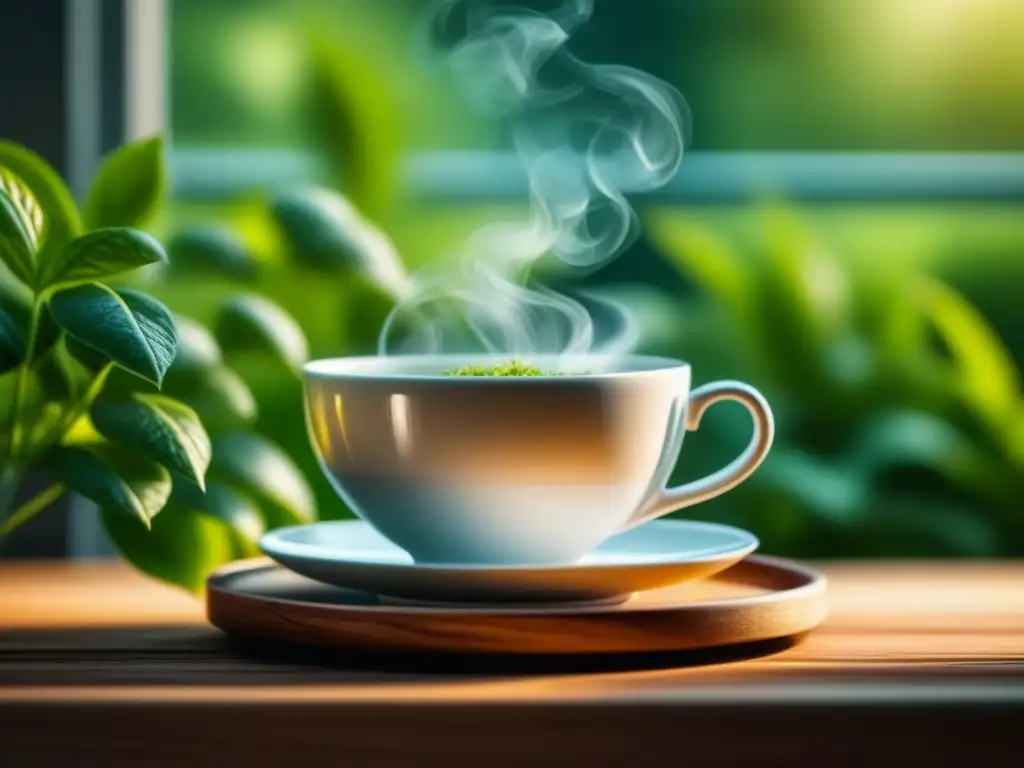 Una taza blanca de cerámica llena de té de hierbas humeante sobre un posavasos de madera, con un fondo de plantas verdes difuminadas