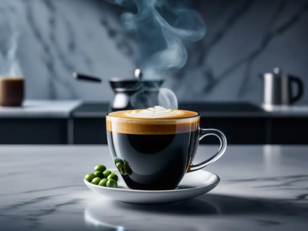 Exquisita taza de café negro sobre mármol blanco Una taza de café negra y moderna llena de café humeante, rodeada de granos de café verde en un elegante mostrador de mármol blanco