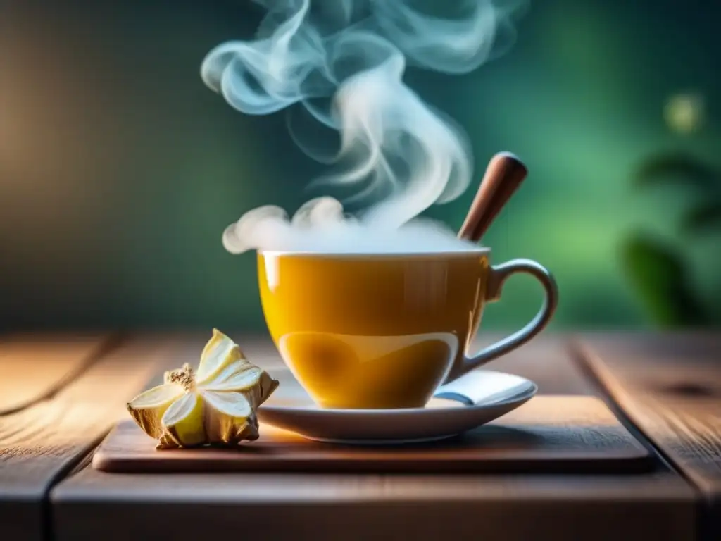 Una taza de infusión de jengibre casera, con vapor y una rama fresca al lado, en una mesa de madera