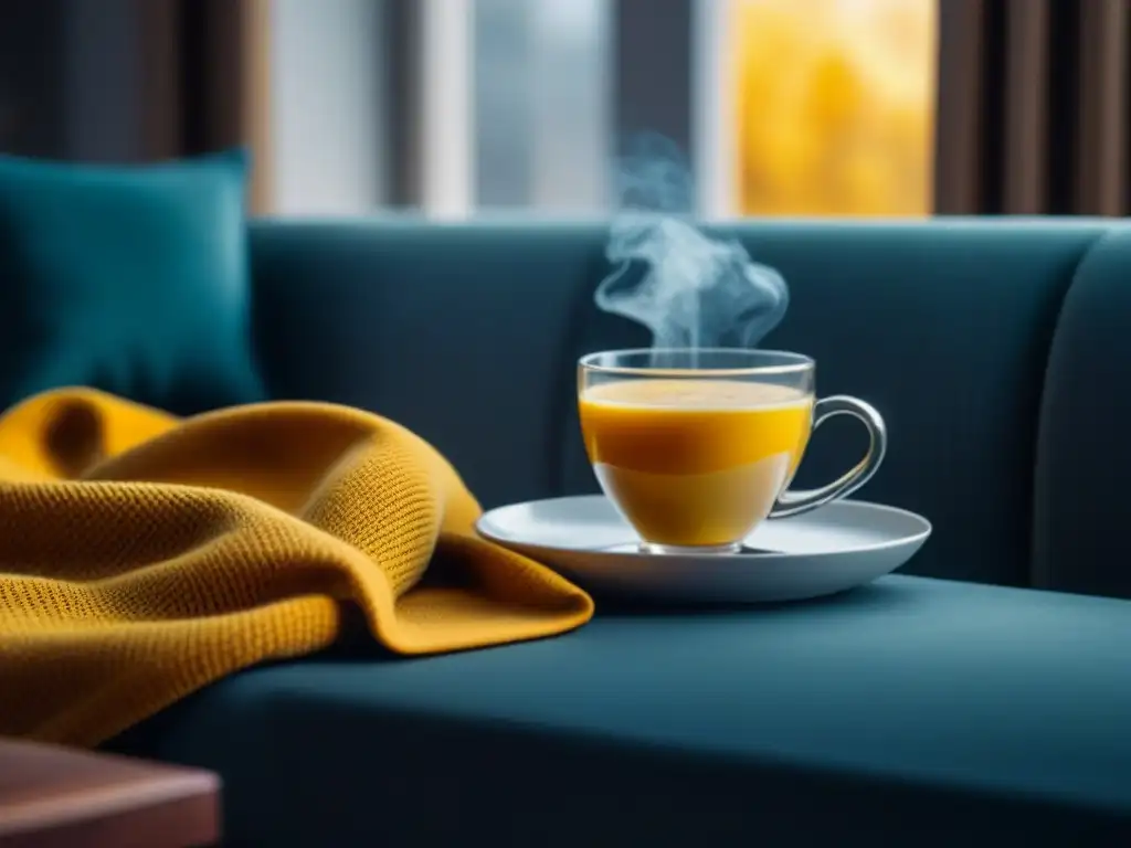 Relajante taza de té de cúrcuma en sala acogedora Taza de cúrcuma dorada en saucer blanco en acogedor salón iluminado por el sol