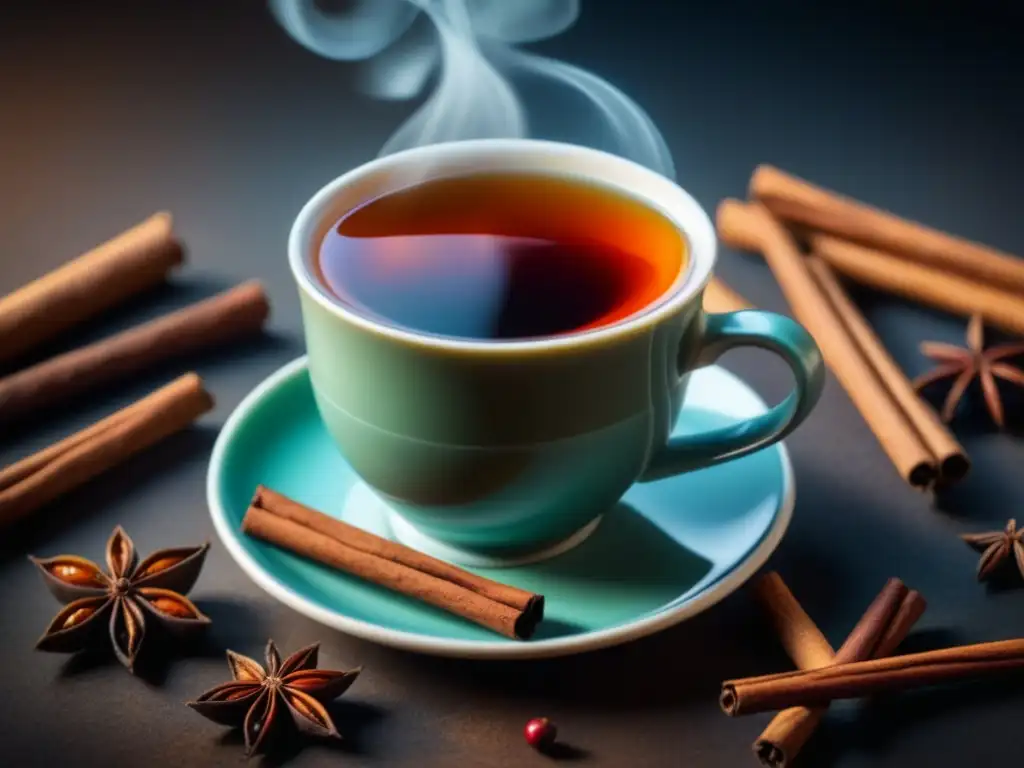 Té de especias: aromas y colores vibrantes Una taza de té especiado rodeada de canela, cardamomo, clavo y anís estrellado, creando una escena cálida y reconfortante
