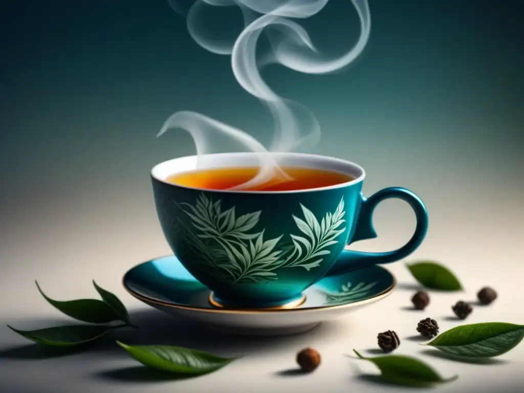 Una taza de té exótico emana vapor y muestra colores vibrantes y patrones, en un fondo blanco