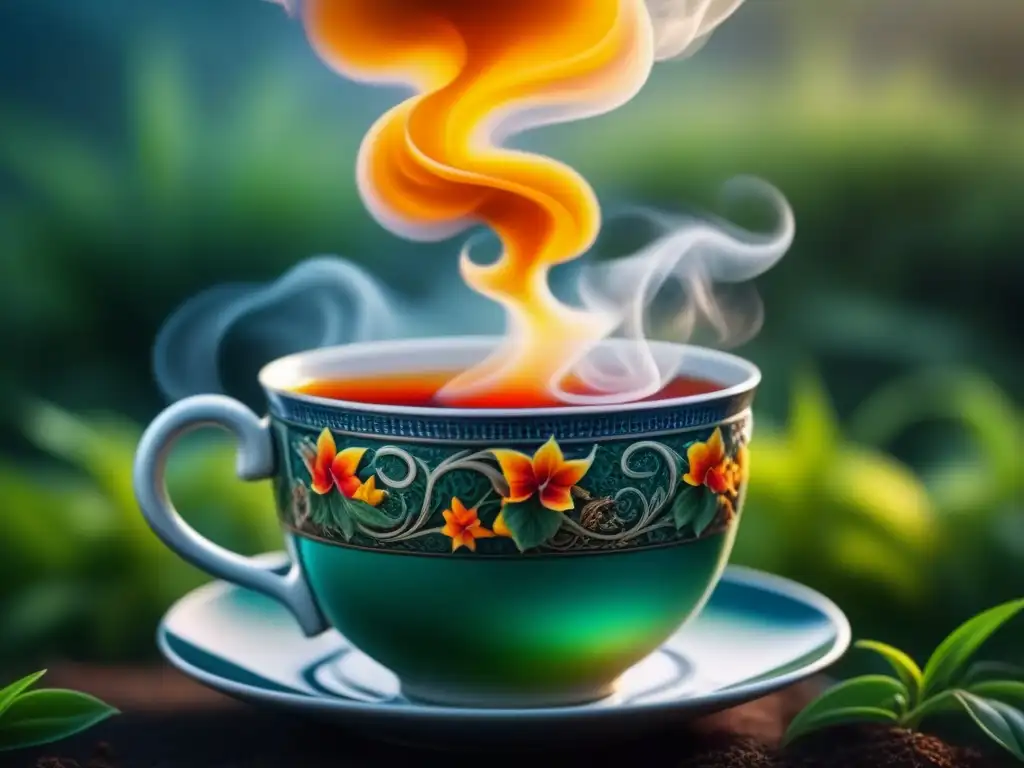 Una taza de té exótico humeante con colores vibrantes y patrones intrincados
