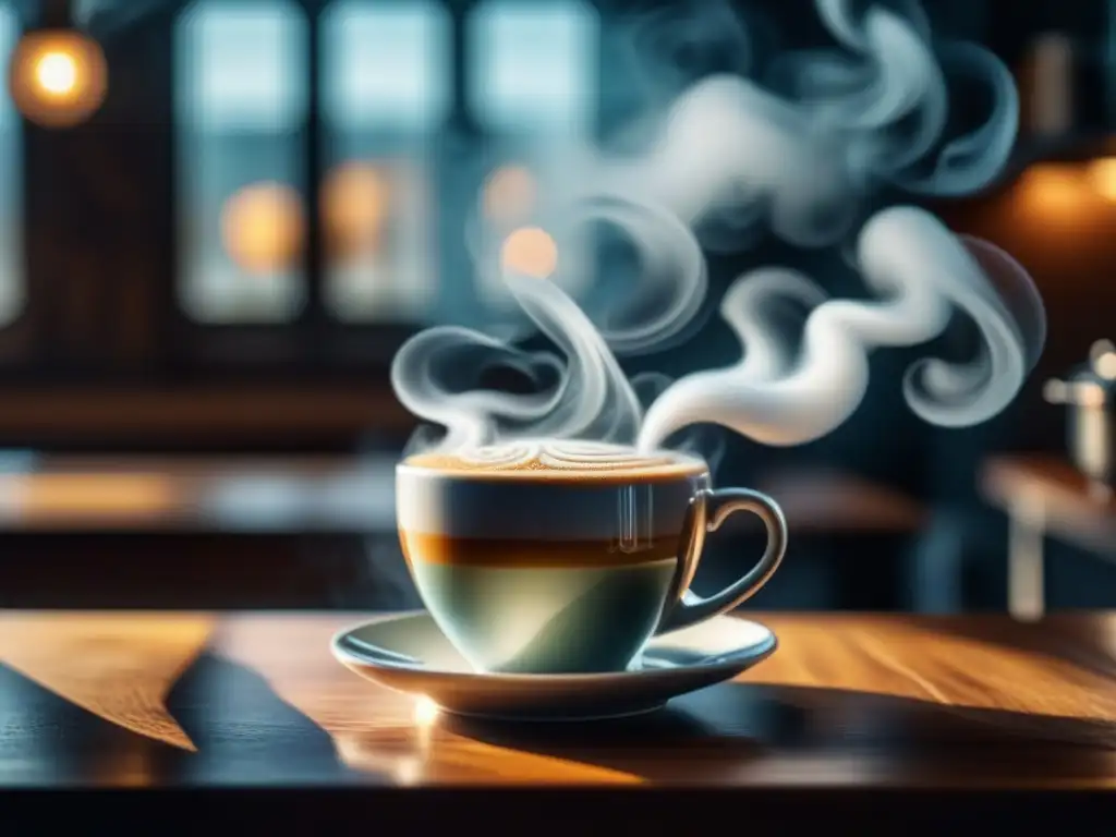 Delicioso café artesanal con vapor aromático Una taza de café recién hecho con vapor, sobre mesa de madera