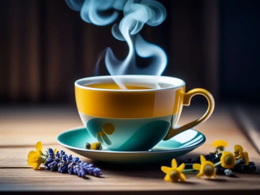 Té de hierbas relajante con manzanilla y lavanda Una taza de té de hierbas humeante rodeada de flores de manzanilla y lavanda seca, sobre una superficie de madera clara