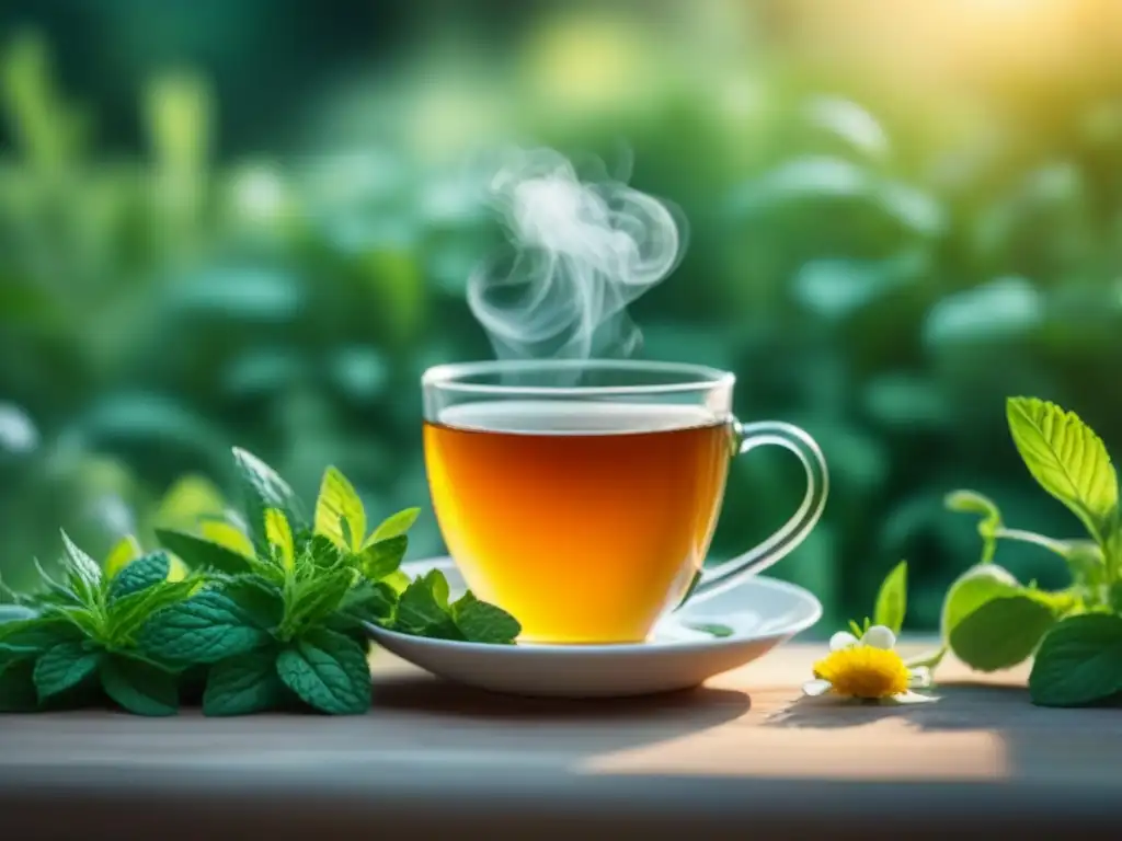 Taza de té herbal en jardín tranquilo Una taza de té de hierbas humeante rodeada de menta y manzanilla en un jardín tranquilo, ideal para relajación