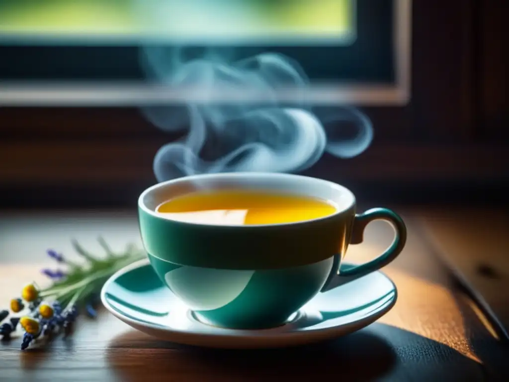 Teacup de Hierbas: Serenidad en un Entorno Natural Una taza de té de hierbas para relajación, rodeada de lavanda y manzanilla, en una mesa moderna con luz cálida