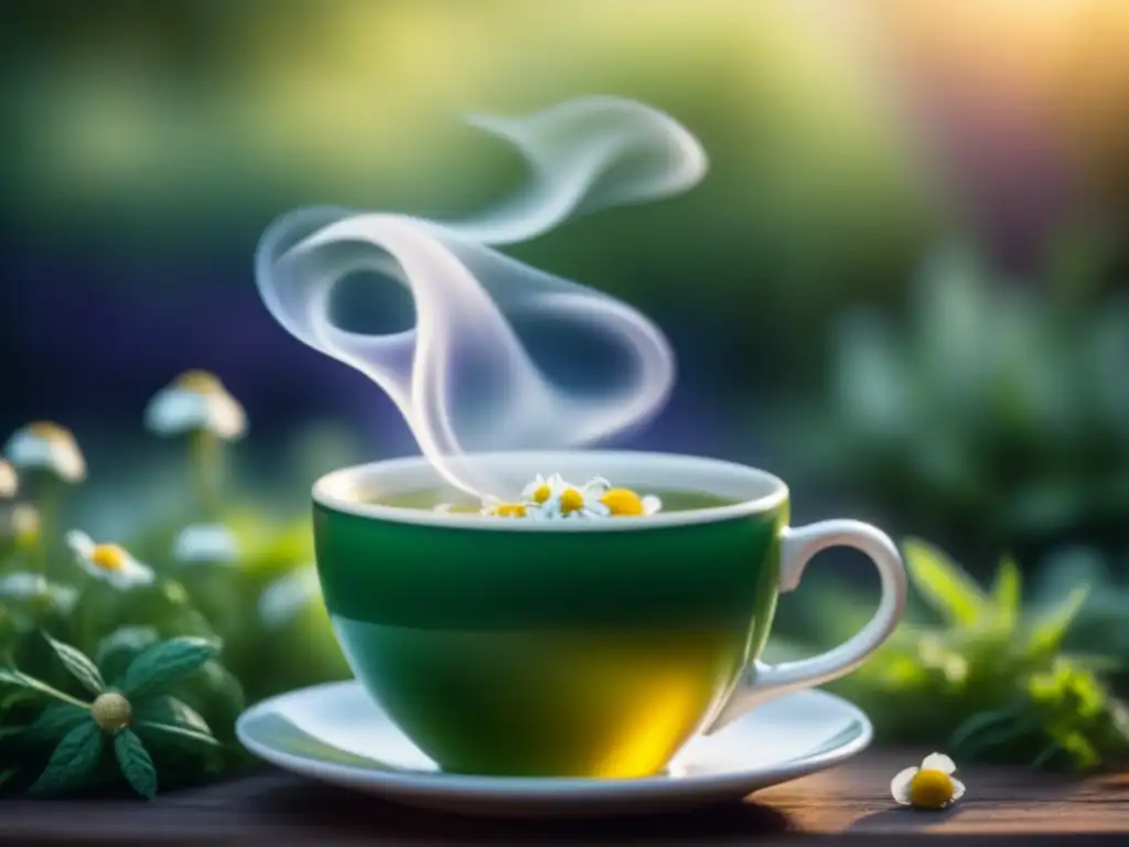 Infusión relajante con hierbas en jardín sereno Una taza de té de hierbas relajante sin cafeína, rodeada de plantas verdes en un jardín tranquilo con luz suave filtrándose entre las hojas