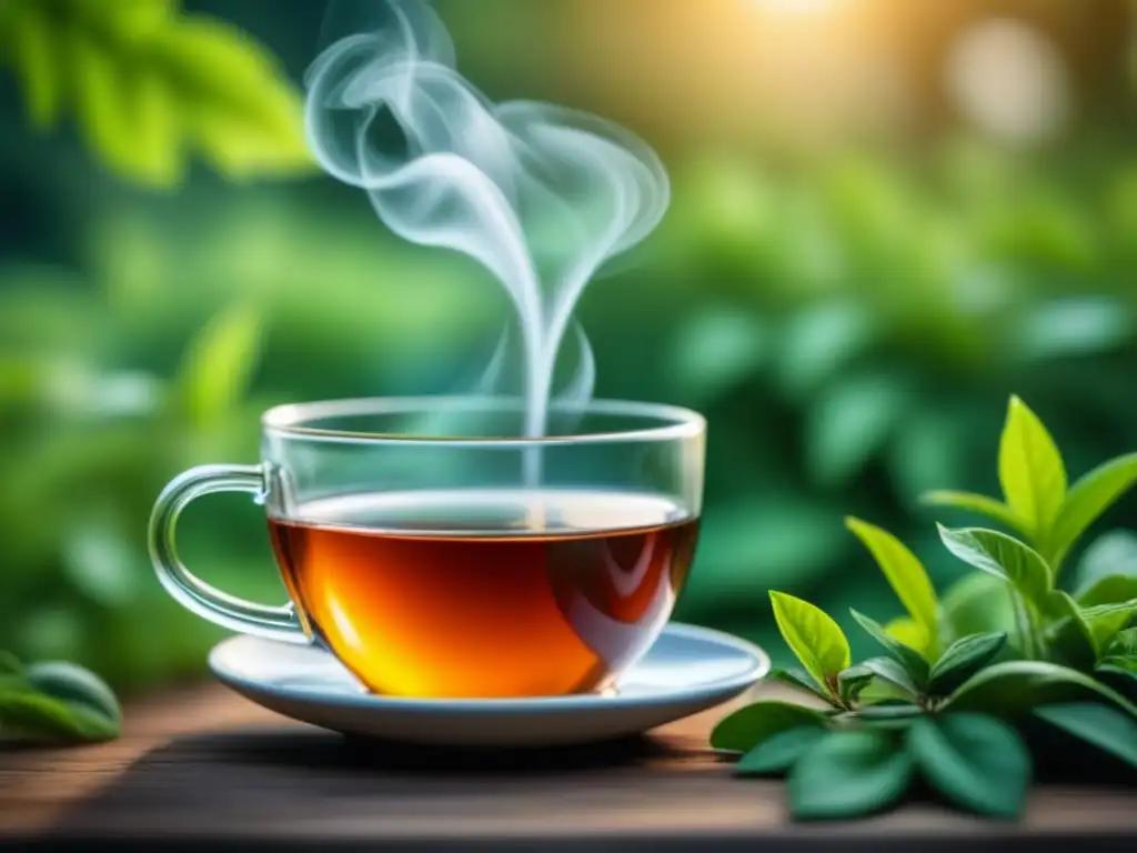 Té de hierbas en la naturaleza: relajación y tranquilidad Taza de infusión de hierbas rodeada de vegetación, con vapor relajante