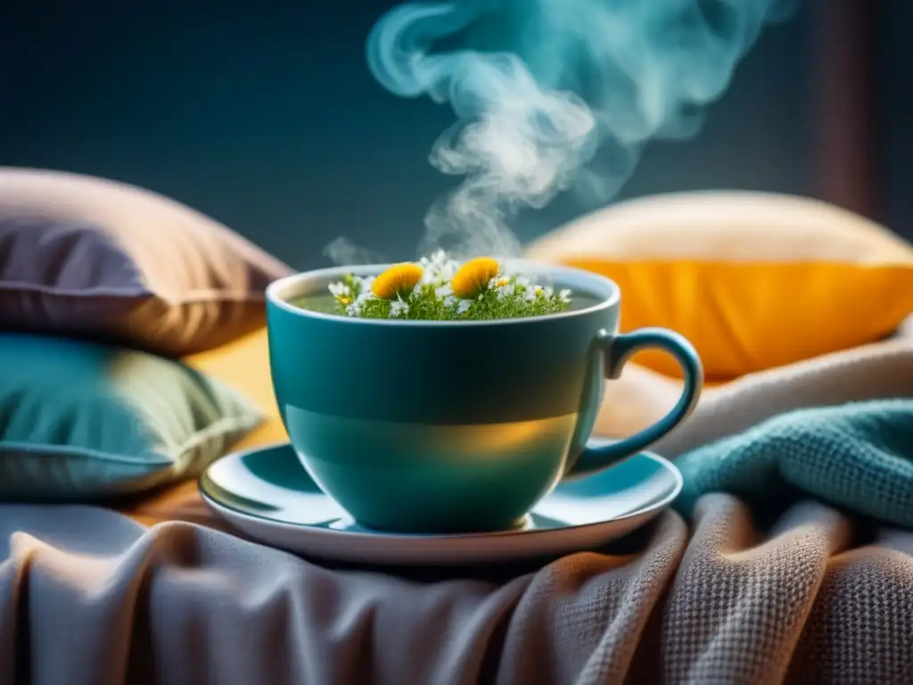 Taza humeante de té de manzanilla rodeada de almohadas suaves y manta acogedora, ideal para relajarse con tés y bebidas calmantes para relajarse