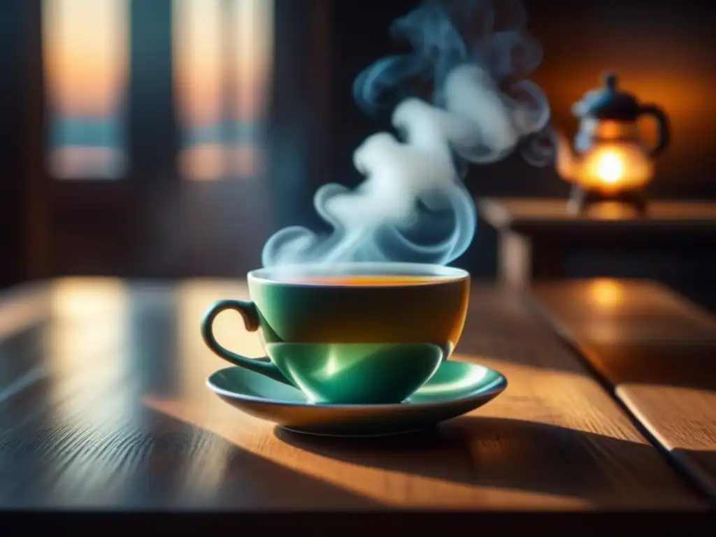 Infusión relajante en taza de colores suaves Taza de té herbal humeante en mesa de madera, tranquilo y relajante
