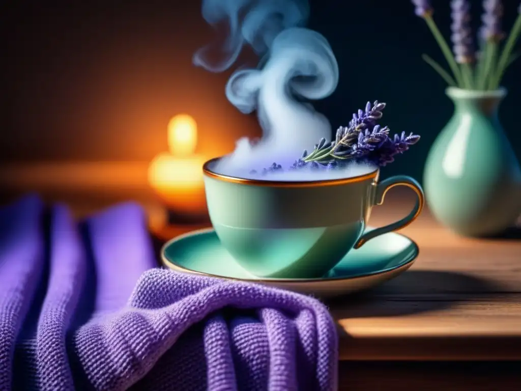 Infusión de lavanda: serenidad y calidez Una taza de infusión de lavanda en una escena serena y acogedora con mantita y flores