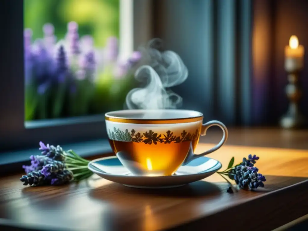 Taza de té con hierbas aromáticas en mesa de madera Taza de té herbal con lavanda y manzanilla en mesa de madera, luz suave