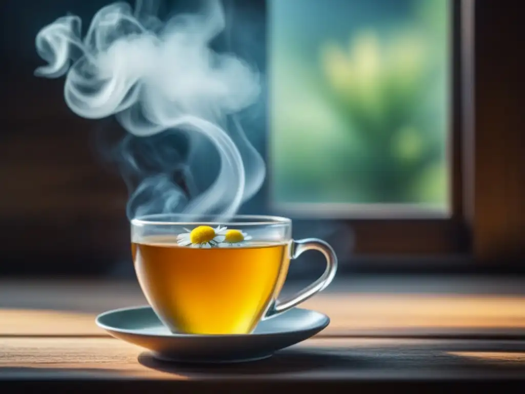 Taza de té de manzanilla humeante en mesa de madera, iluminada por luz natural