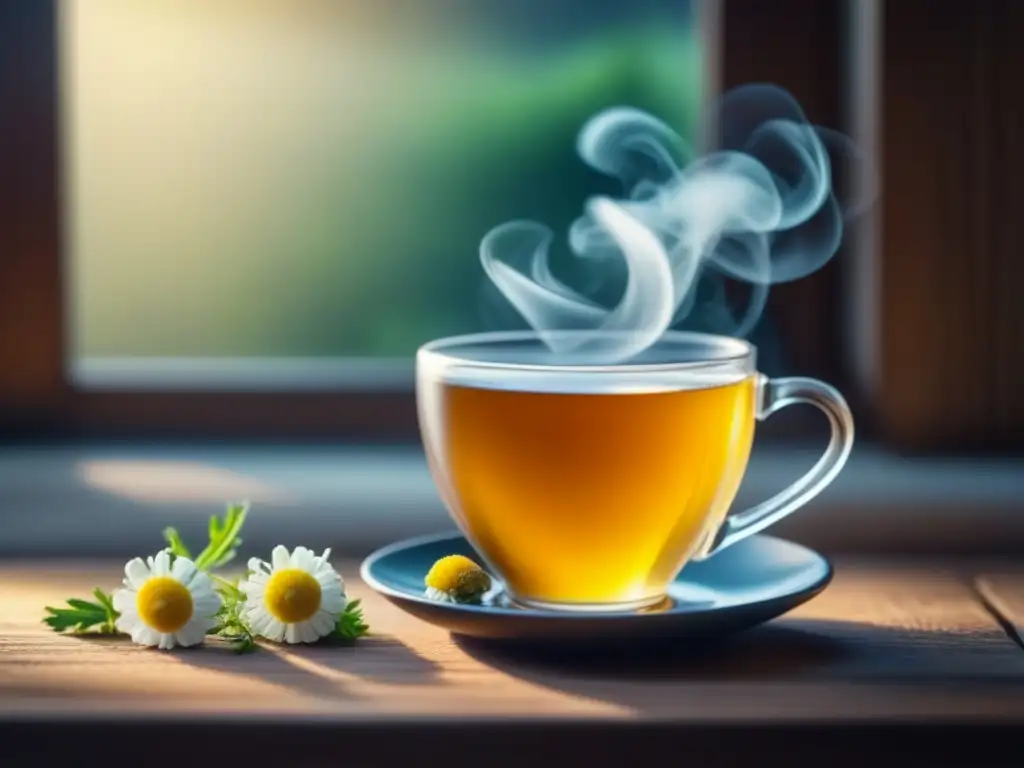 Infusión de manzanilla: serenidad en una taza Una taza de té de manzanilla humeante en una mesa de madera con luz cálida, ideal para tés de hierbas relajantes sin cafeína