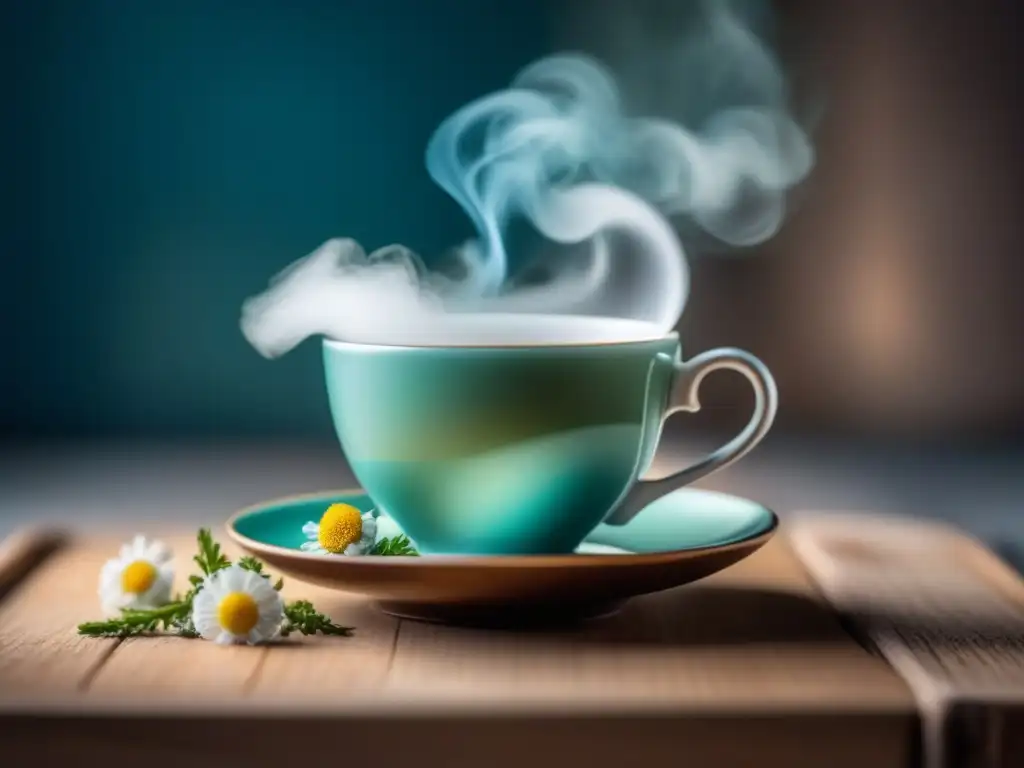 Taza de té de manzanilla humeante en plato de madera, ideal para relajarse con tés y bebidas calmantes