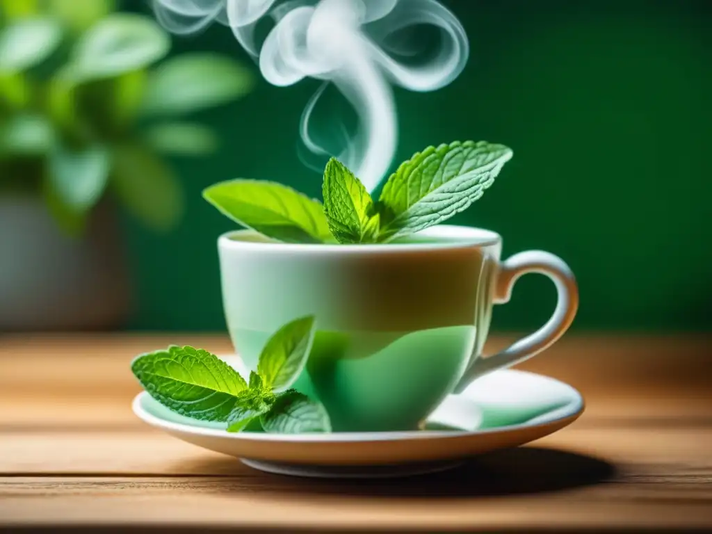 Té de menta recién hecho en una serena composición Una taza de té de menta humeante en saucer blanco sobre mesa de madera, con planta de menta verde de fondo
