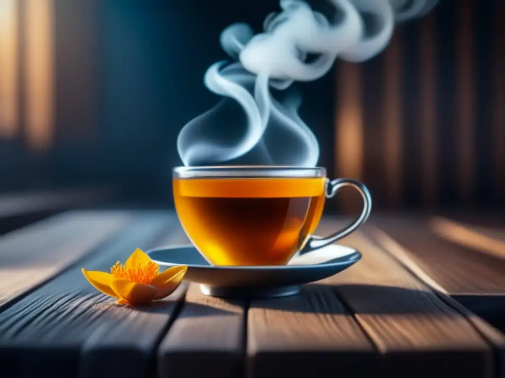 Té de azafrán: lujo y serenidad en una taza Una taza de té de azafrán en una mesa de madera, envuelta en serenidad