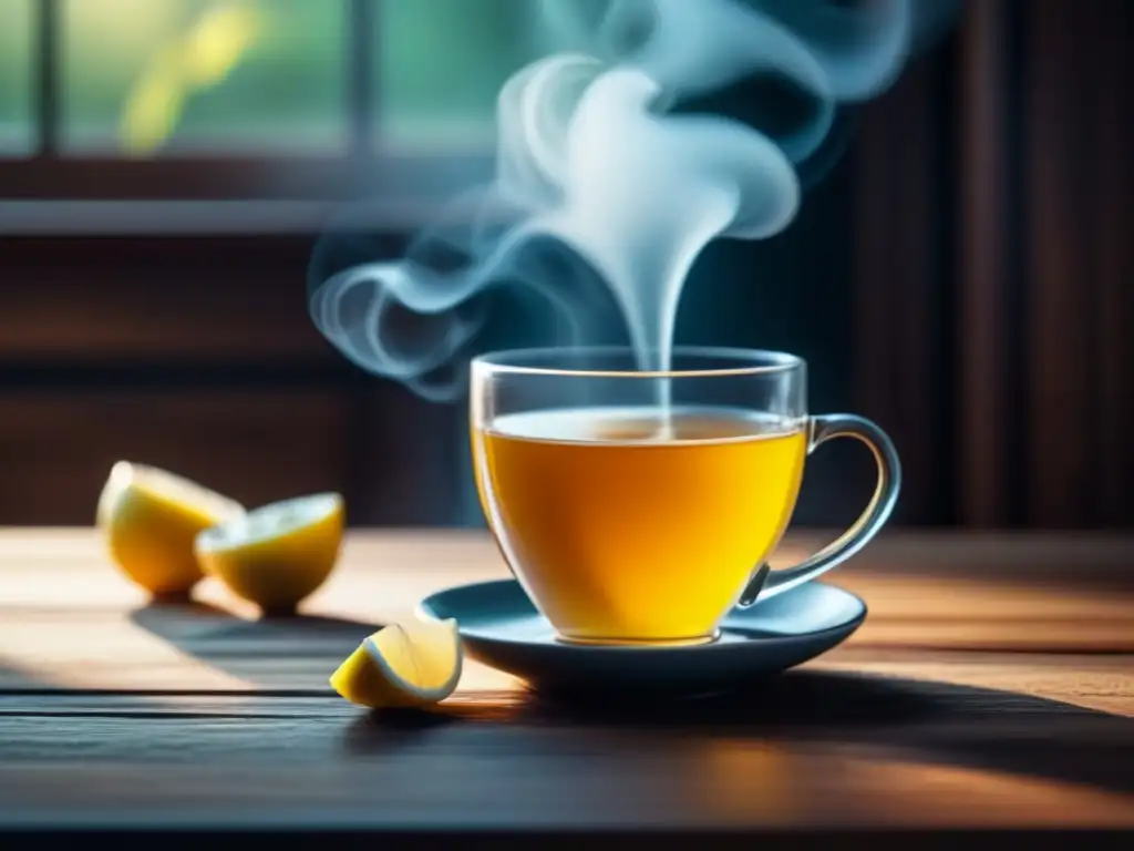 Té de limón y miel: serenidad en una taza Una taza de té de limón y miel en una mesa de madera iluminada naturalmente