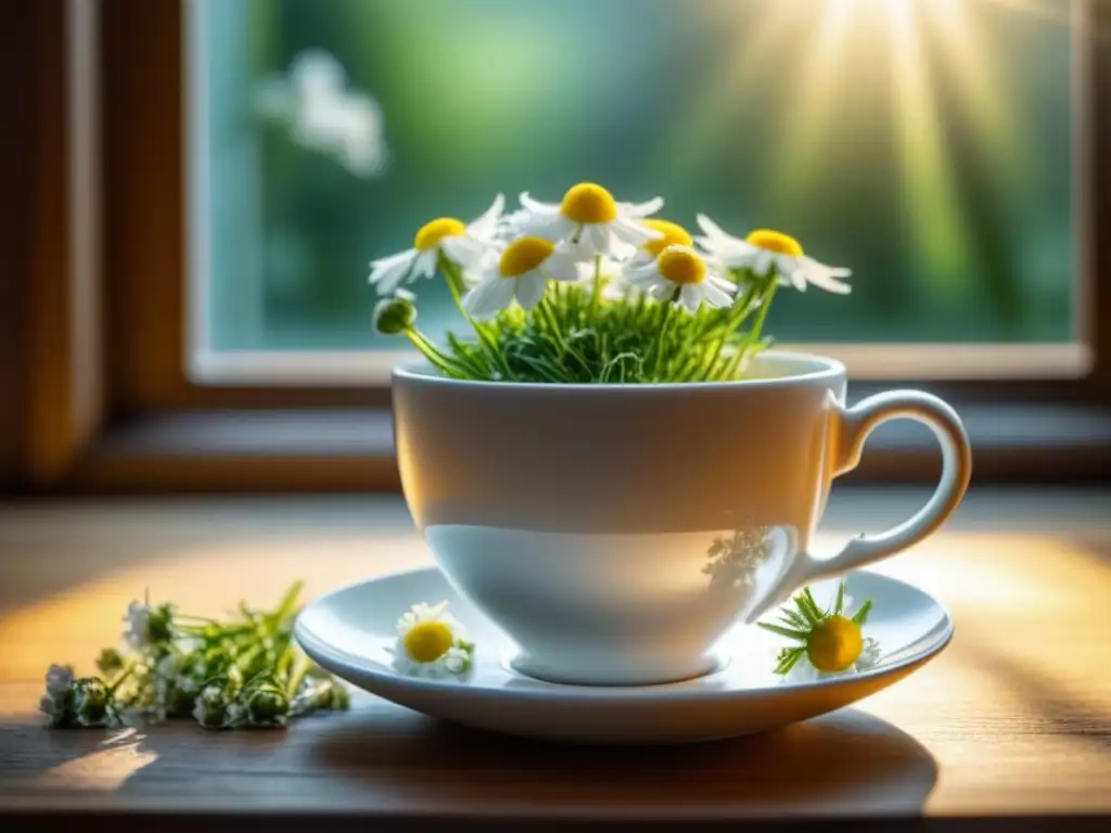 Taza de té de manzanilla en un ambiente sereno Una taza de porcelana blanca llena de té de manzanilla, rodeada de flores frescas, en una mesa de madera clara