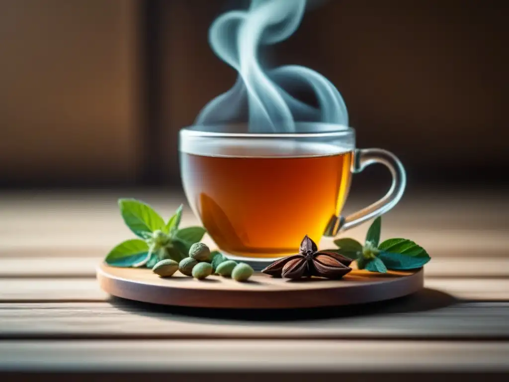 Relajación pura: Té de cardamomo en ambiente acogedor Una taza de té de cardamomo para relajarse, sobre un posavasos de madera, con cardamomo y menta