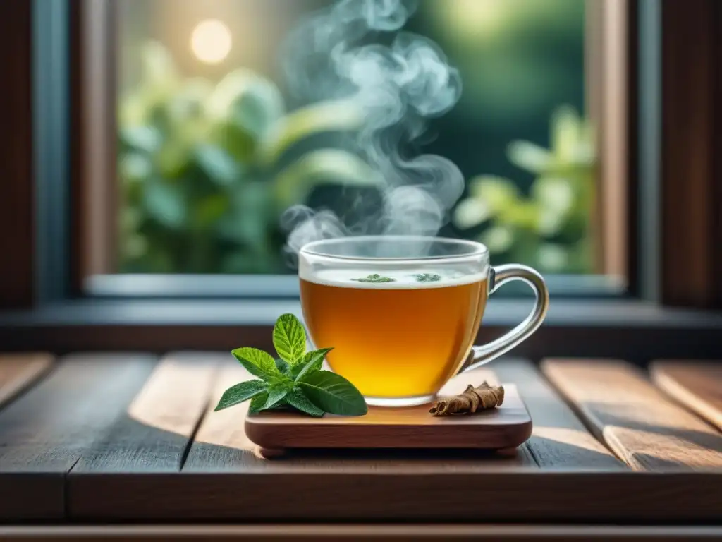 Una taza de infusión de jengibre sobre posavasos de madera, con raíces secas y menta fresca