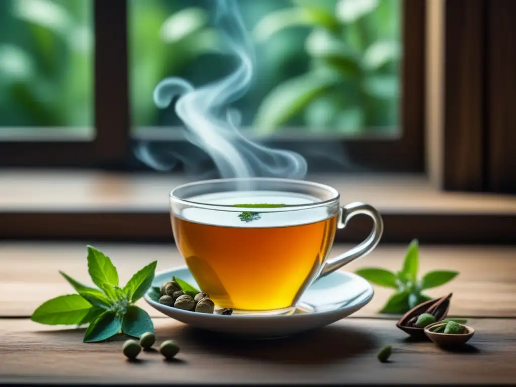Té de cardamomo: serenidad en una taza Una taza de té de cardamomo para relajarse, rodeada de vainas verdes y menta fresca, en una atmósfera serena y reconfortante