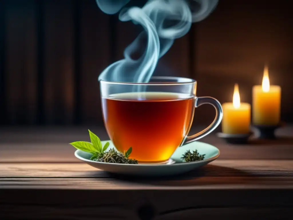 Taza de té herbal humeante en mesa de madera, ambiente sereno y relajante Una taza de tisana nocturna relajante sobre una mesa de madera, iluminada por velas suaves