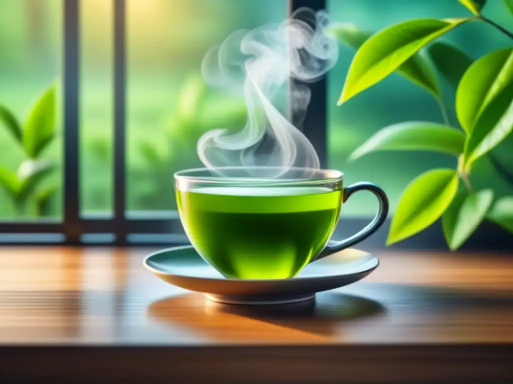 Escena serena de taza de té verde humeante en mesa de madera Una taza de té verde humeante sobre mesa de madera, rodeada de hojas verdes y luz natural