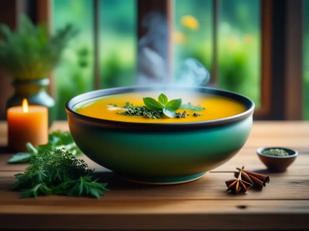 Sopa ayurvédica de invierno: reconfortante y aromática Un tazón humeante de sopa de invierno ayurvédica, con hierbas frescas y especias, sobre una mesa rústica con luz cálida filtrándose por la ventana