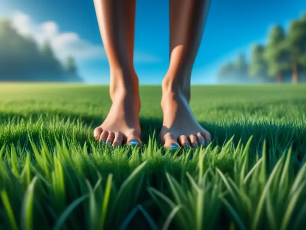 Pies descalzos en la hierba: conexión y calma en la naturaleza Técnicas de aterrizaje para aliviar estrés: Pies descalzos sobre suave césped verde, conectando con la naturaleza bajo el cielo azul