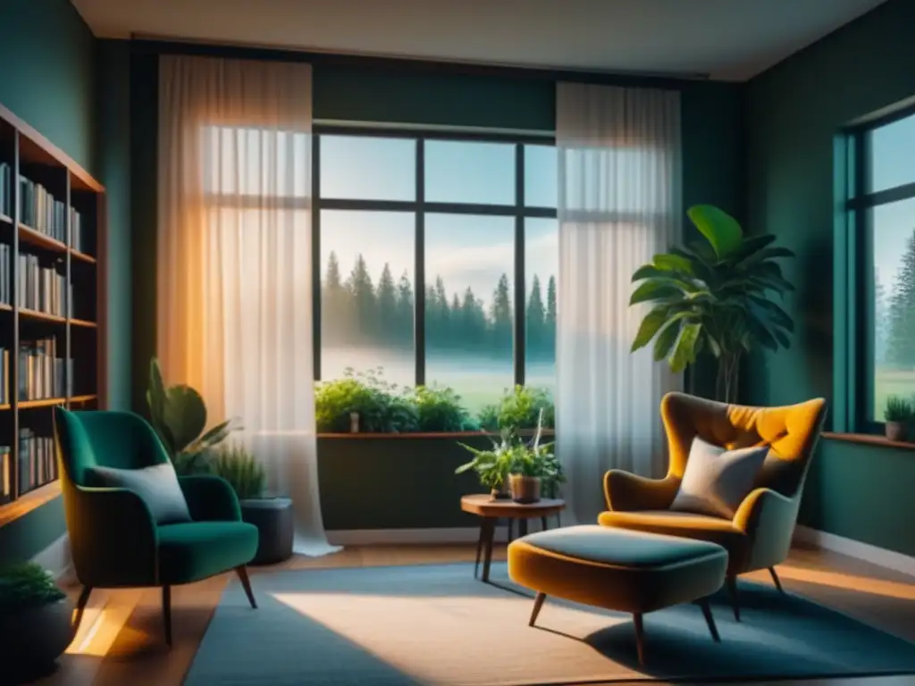 Rincón de lectura acogedor en un hogar minimalista frente a un jardín verde Rincón de relajación en teletrabajo con lectura y naturaleza en casa
