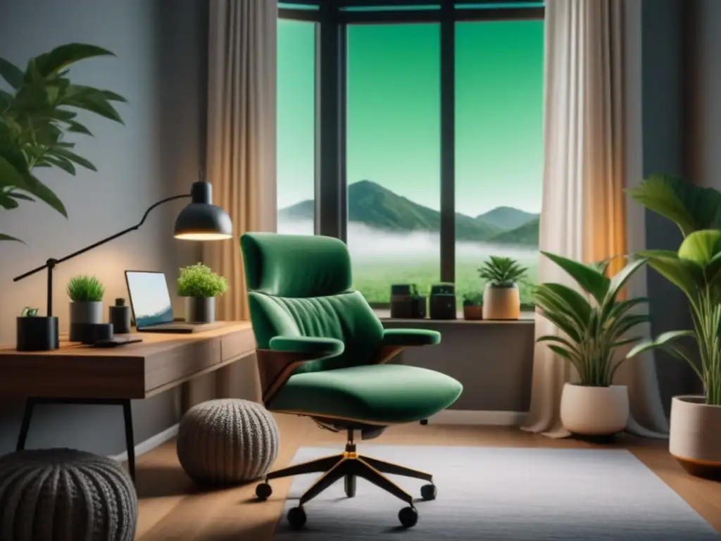 Oficina en casa moderna y serena con plantas y luz natural Rincón de relajación en teletrabajo: Oficina en casa minimalista y tranquila con plantas, silla ergonómica y difusor de aceites esenciales