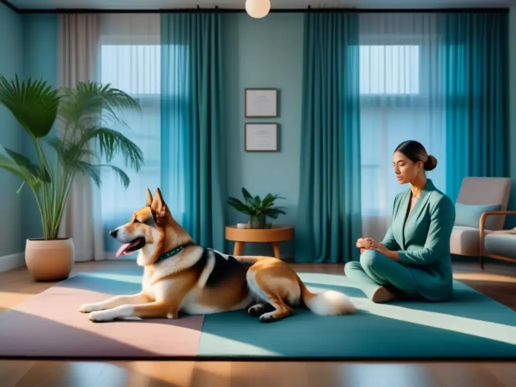 Terapeuta acariciando a un perro: paz y sanación en sala minimalista Terapeuta acariciando a perro terapéutico en sala calmada