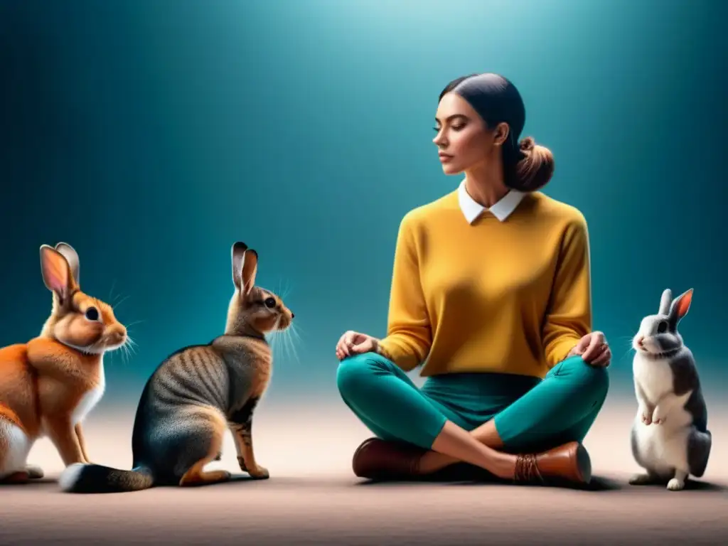 Armonía entre persona y animales: conexión serena Sesión de Terapia con animales beneficios: conexión y armonía entre persona y animales en ambiente sereno y minimalista