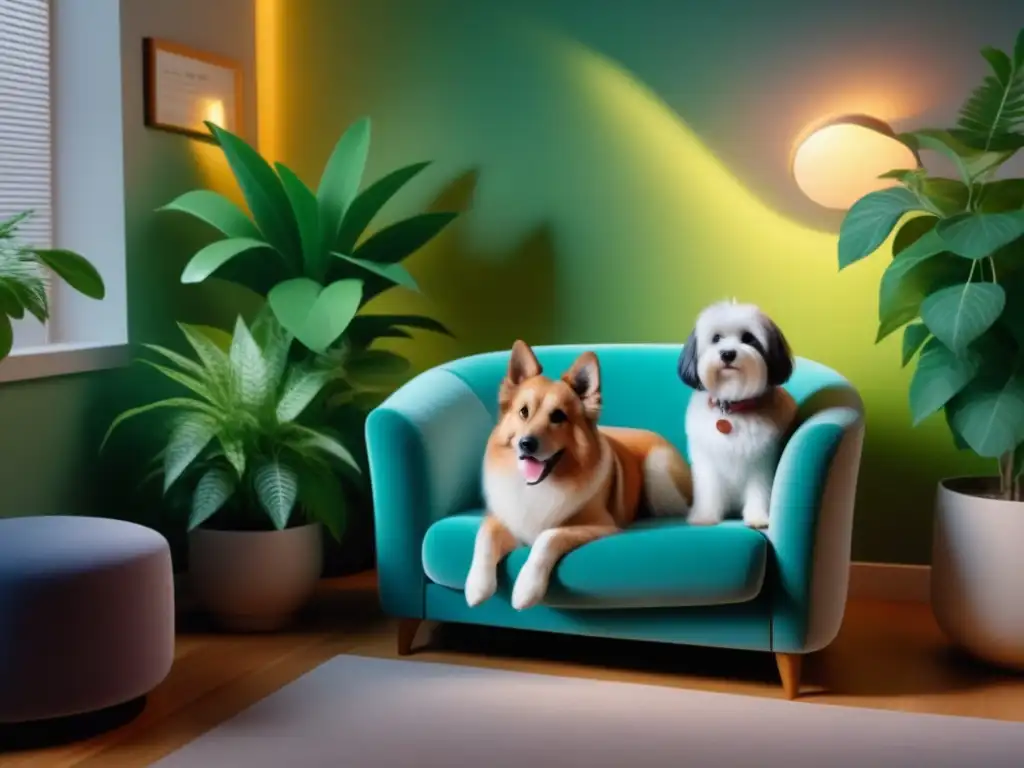 Terapia con Mascotas: La Serenidad de Sanación Un rincón de terapia sereno con un perro de terapia, rodeado de plantas verdes