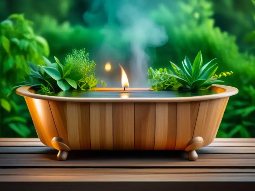 Baño herbal relajante en tina de madera con velas y plantas, creando una atmósfera tranquila
