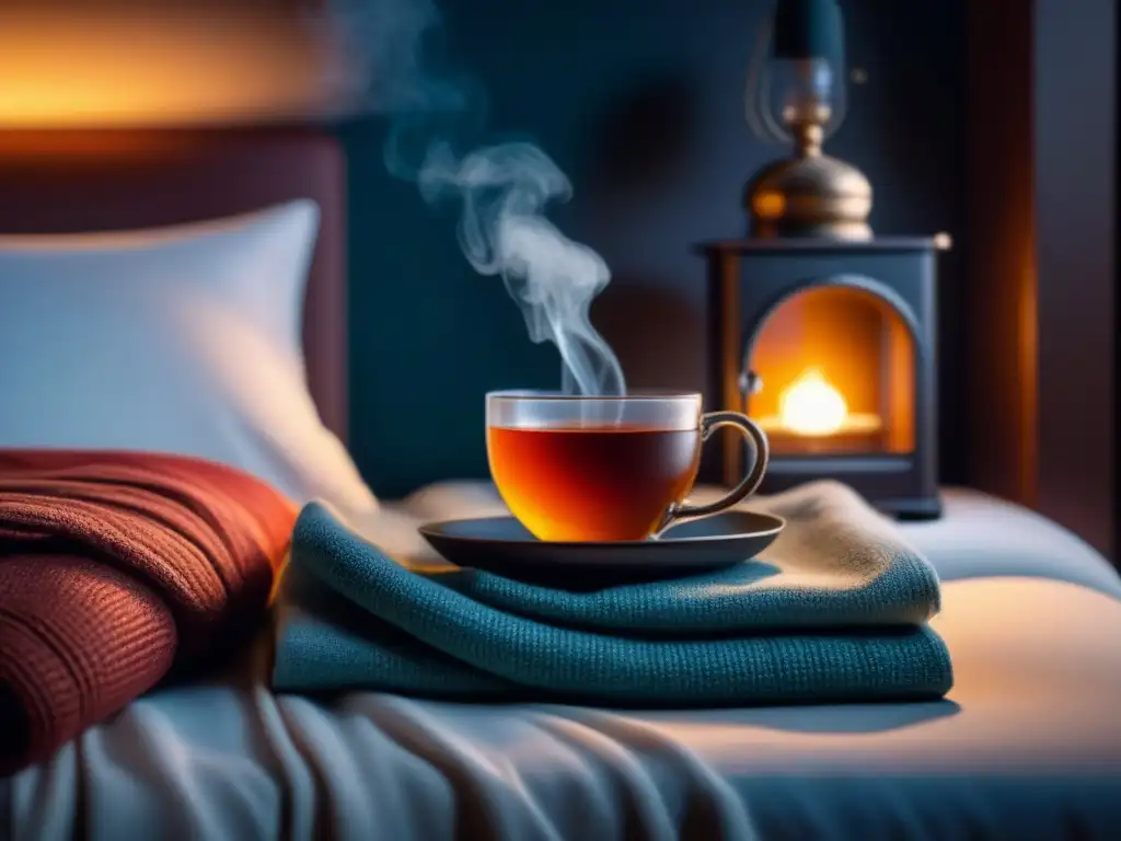 Ritual nocturno de té herbal en dormitorio acogedor Tisanas nocturnas relajantes en casa: acogedor dormitorio con taza de té, lámpara cálida, libros y manta suave