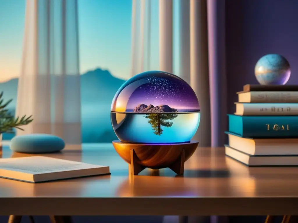 Un rincón de trabajo en casa sereno y minimalista, con elementos de astrología para relajación en casa