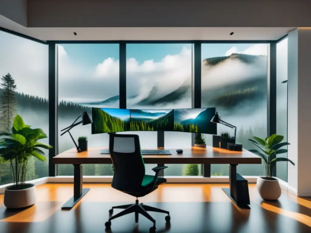 Diseño de escritorio moderno en entorno inspirador Estación de trabajo de pie en ambiente luminoso con vista a bosque verde, organizada y motivadora