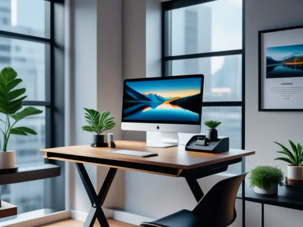 Diseño moderno de escritorio de pie para salud y productividad Estación de trabajo de pie en ambiente moderno y luminoso con escritorio organizado, silla ergonómica y planta