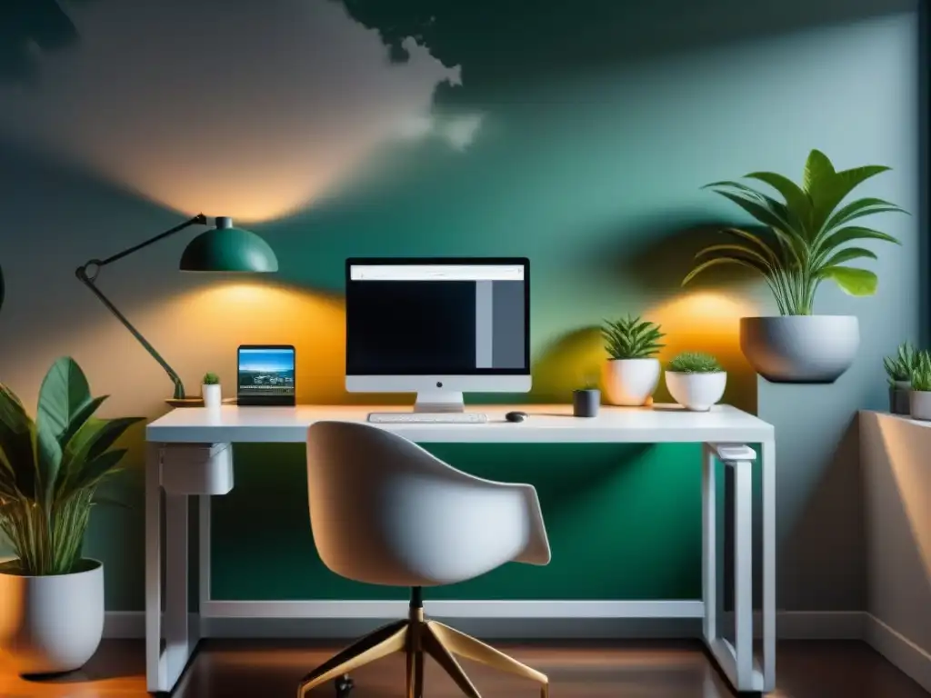 Oficina en casa zen: escritorio blanco minimalista y plantas verdes Estación de trabajo de pie minimalista con plantas verdes, sillas ergonómicas y decoración elegante