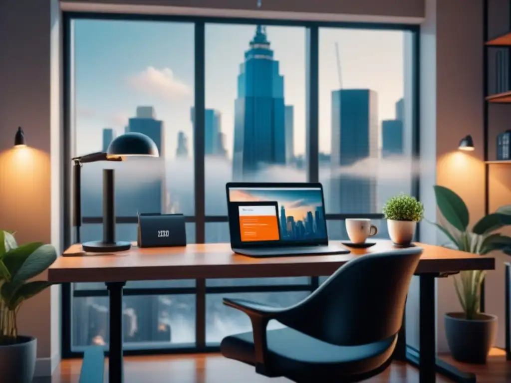 Oficina minimalista con escritorio ergonómico y vista a la ciudad Estación de trabajo de pie en oficina moderna con vista a la ciudad y plantas