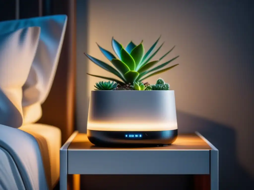 Relajante máquina de ruido blanco en mesita de noche Tranquilidad en casa: moderna tecnología para relajación con máquina de ruido blanco junto a planta suculenta en mesita de noche