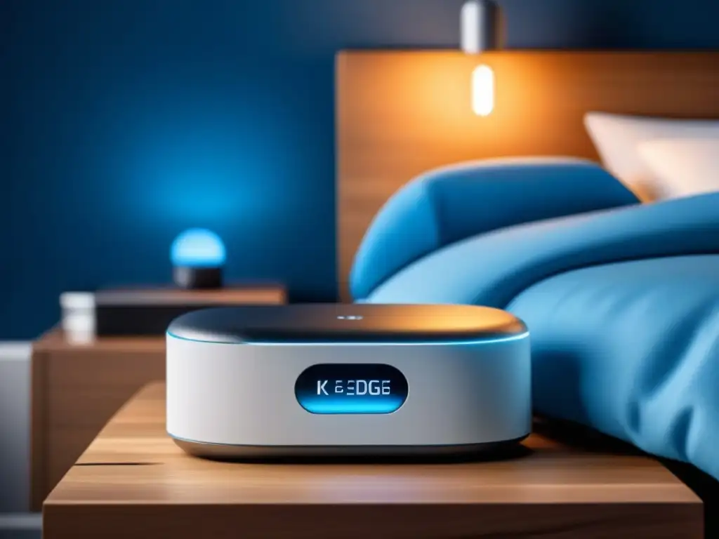 Dispositivo de hogar inteligente: innovación y tranquilidad Innovación y tranquilidad: dispositivo domótico en tonos blancos y plateados, iluminando suavemente la habitación junto a una almohada azul