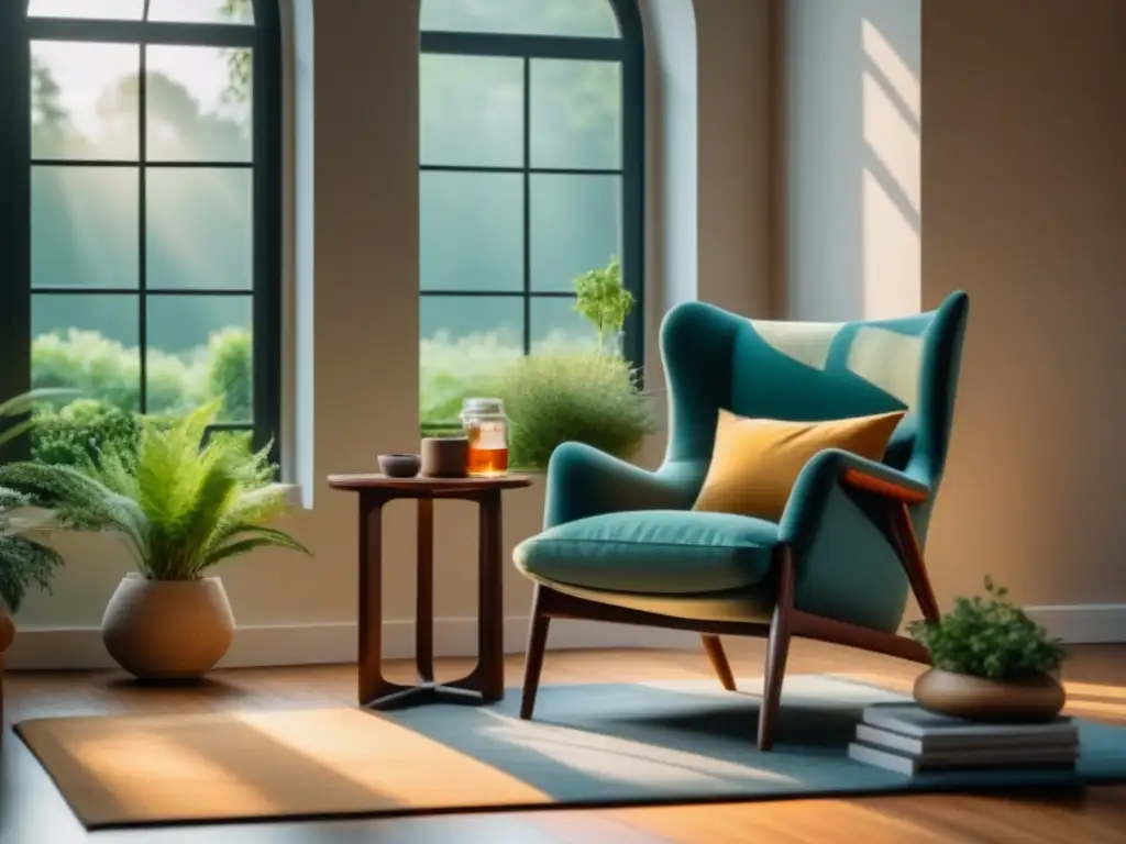 Un rincón tranquilo y acogedor con suplementos para bienestar mental en el hogar