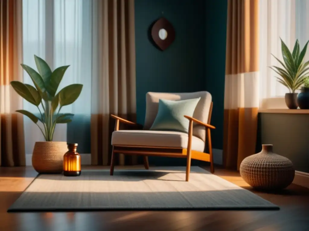 Rincón acogedor para practicar mindfulness en casa Rincón tranquilo en casa para practicar técnicas de relajación, con alfombra suave, silla cómoda y difusor de aceites esenciales