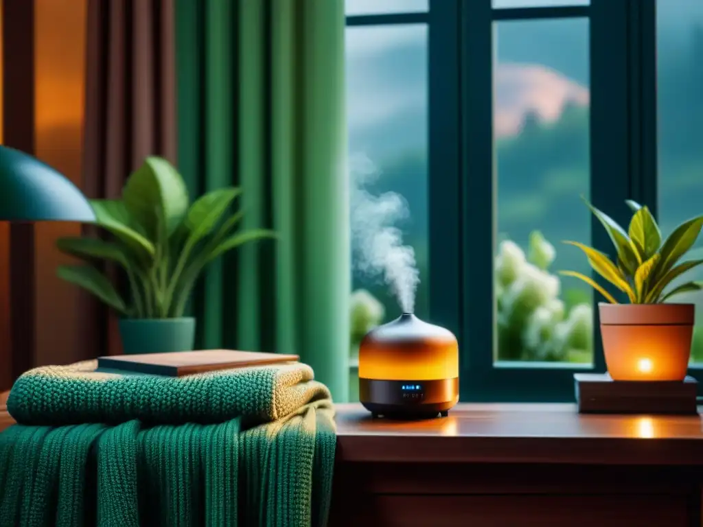 Un rincón tranquilo con un difusor moderno liberando suavemente aromas relajantes