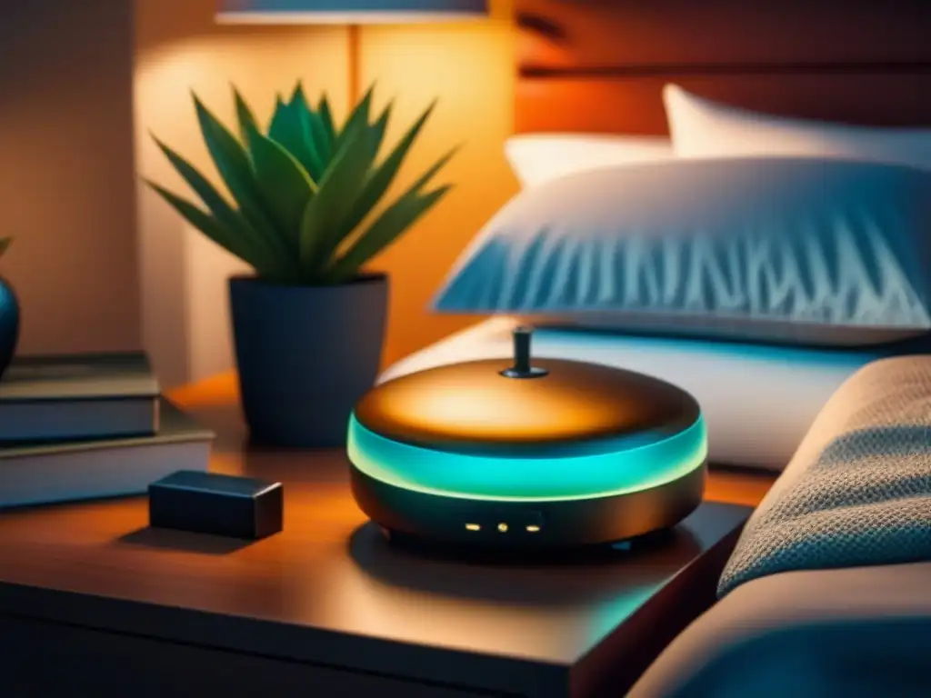 Tranquilidad y calidez en dormitorio minimalista con luz inteligente Tranquilo dormitorio con luces inteligentes para relajación en casa, libros, planta y difusor de aceites esenciales