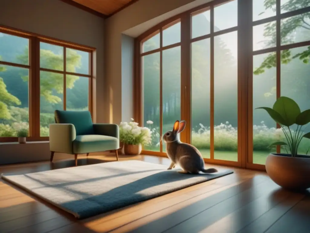 Terapia en la naturaleza: Sala serena con vista al bosque Tranquilo espacio de terapia con animales beneficios, vista a bosque verde con animales pacíficos